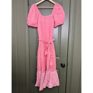 NWT Ro's Garden Helsinki Maxi Puff Sleeve Cotton Dress Tie Waist Pink Garcon XS